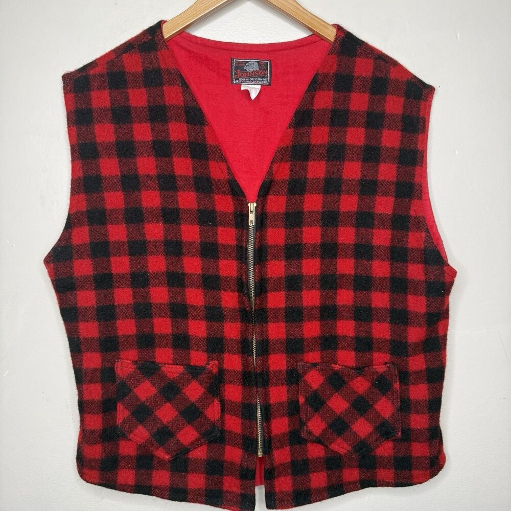 Johnson Woolen Mills Vintage Black Red Buffalo Plaid Zip Wool Vest Mens 46 Large